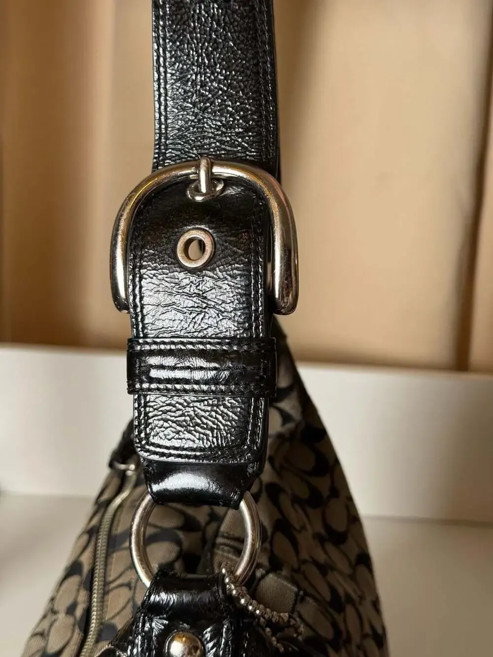 Coach Signature Canvas Hobo Bag with Black Leather Trim